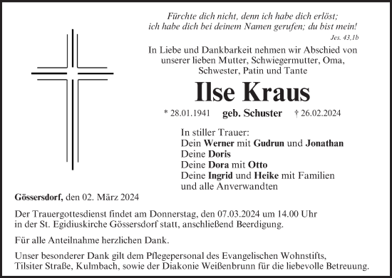 Anzeige von Ilse Kraus von MGO