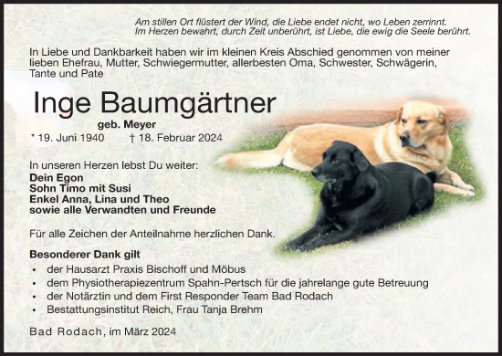 Anzeige von Inge Baumgärtner von MGO