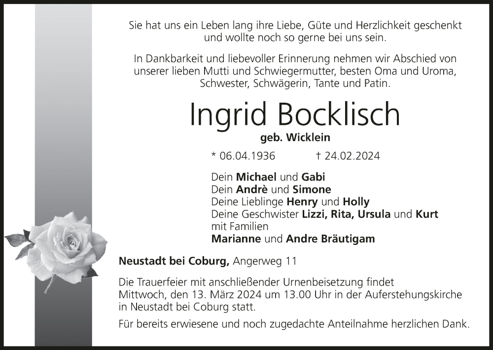  Traueranzeige für Ingrid Bocklisch vom 09.03.2024 aus MGO