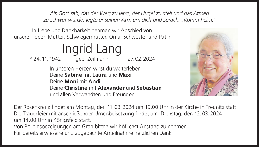  Traueranzeige für Ingrid Lang vom 09.03.2024 aus MGO