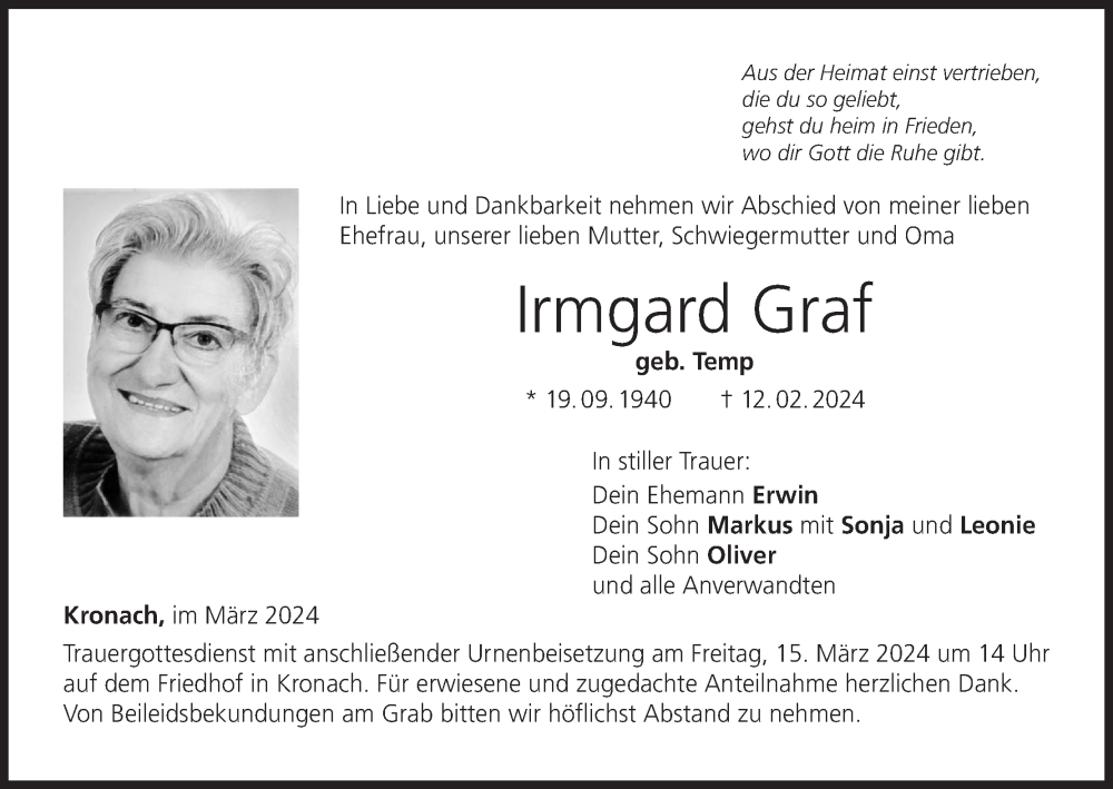  Traueranzeige für Irmgard Graf vom 09.03.2024 aus MGO