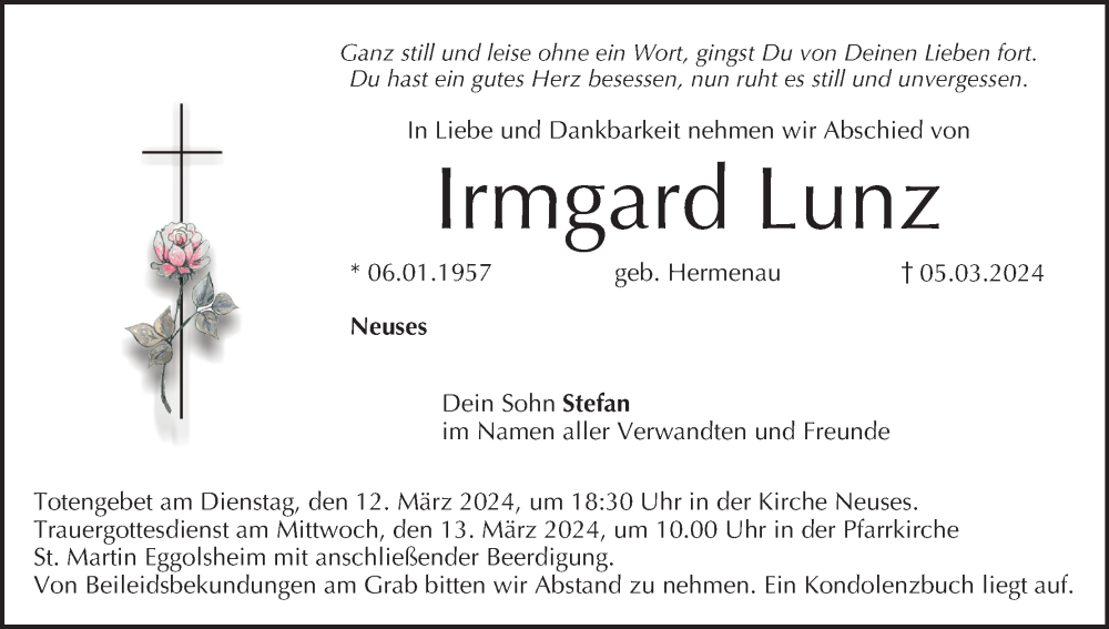  Traueranzeige für Irmgard Lunz vom 09.03.2024 aus MGO