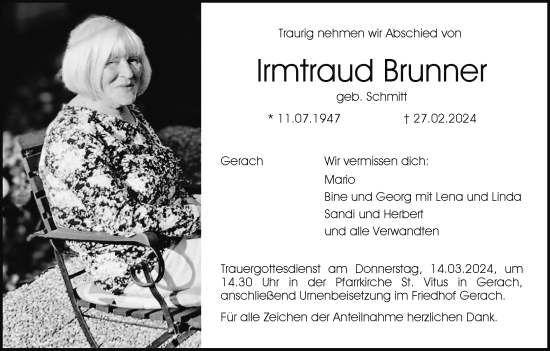 Anzeige von Irmtraud Brunner von MGO