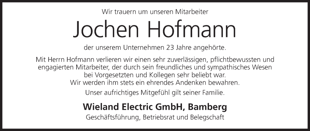  Traueranzeige für Jochen Hofmann vom 02.03.2024 aus MGO