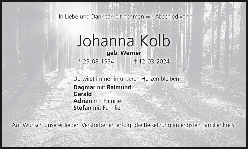 Traueranzeige für Johanna Kolb vom 16.03.2024 aus MGO