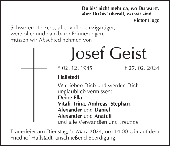 Anzeige von Josef Geist von MGO