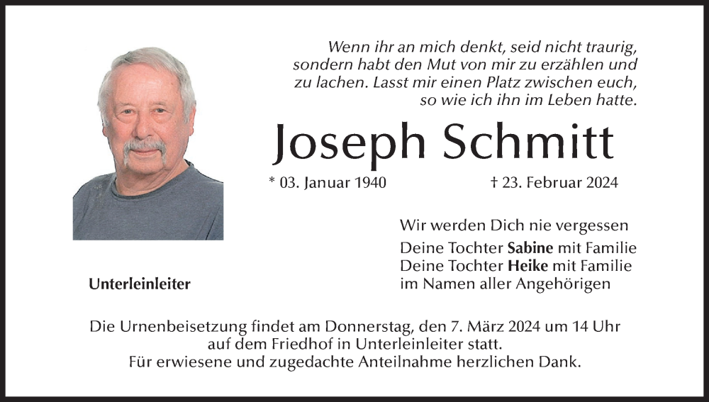  Traueranzeige für Joseph Schmitt vom 02.03.2024 aus MGO
