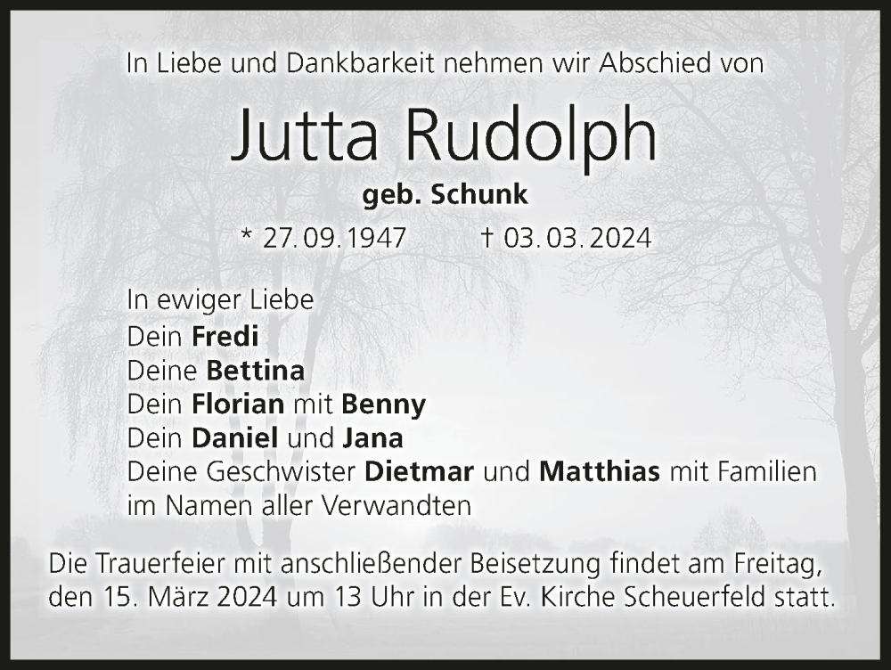  Traueranzeige für Jutta Rudolph vom 09.03.2024 aus MGO
