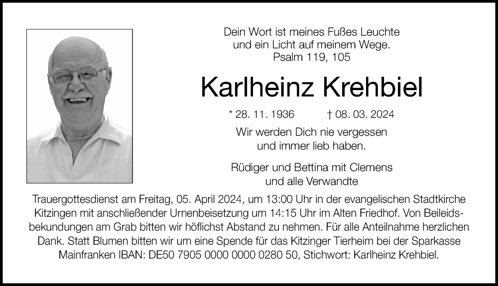  Traueranzeige für Karlheinz Krehbiel vom 23.03.2024 aus MGO