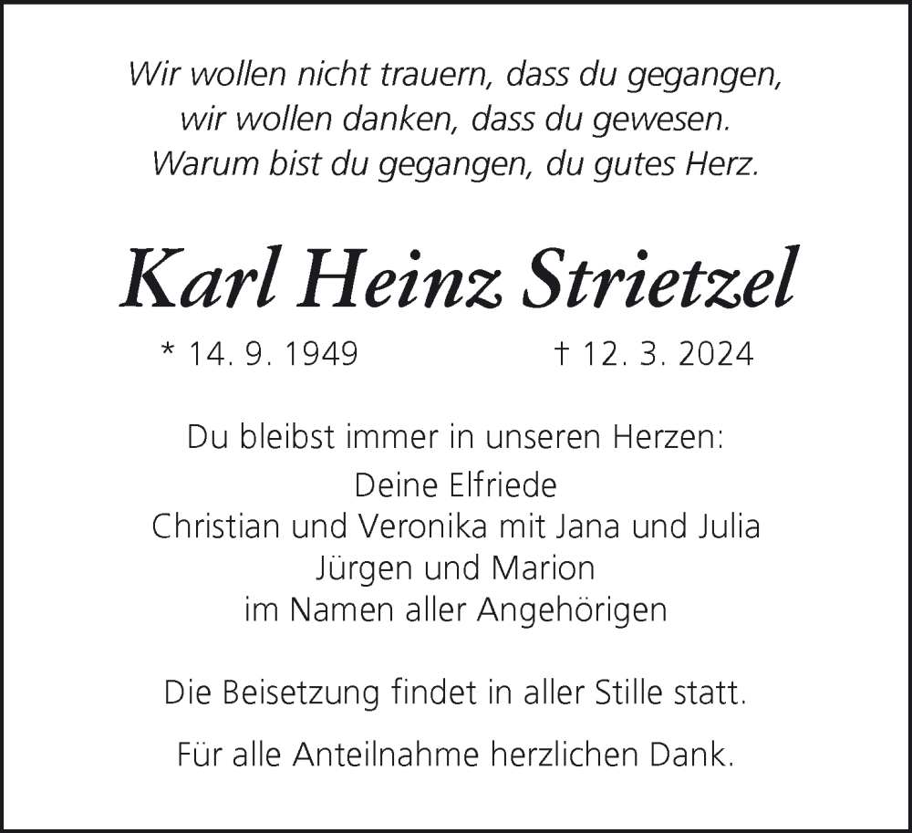  Traueranzeige für Karl Heinz Strietzel vom 16.03.2024 aus MGO