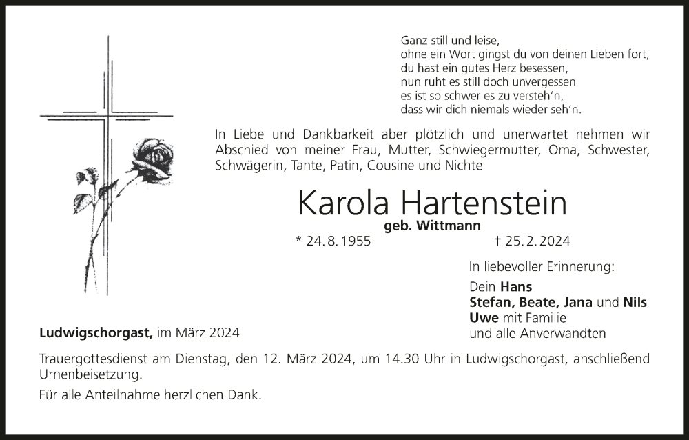 Traueranzeige für Karola Hartenstein vom 02.03.2024 aus MGO