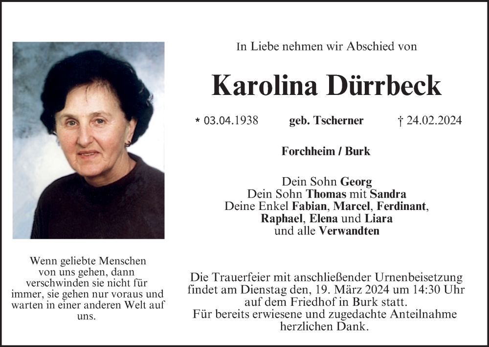  Traueranzeige für Karolina Dürrbeck vom 16.03.2024 aus MGO