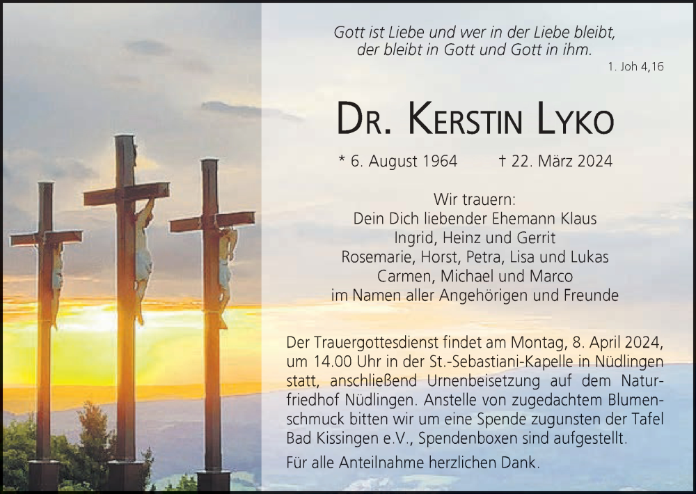  Traueranzeige für Kerstin Lyko vom 30.03.2024 aus MGO