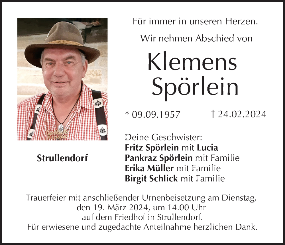  Traueranzeige für Klemens Spörlein vom 16.03.2024 aus MGO