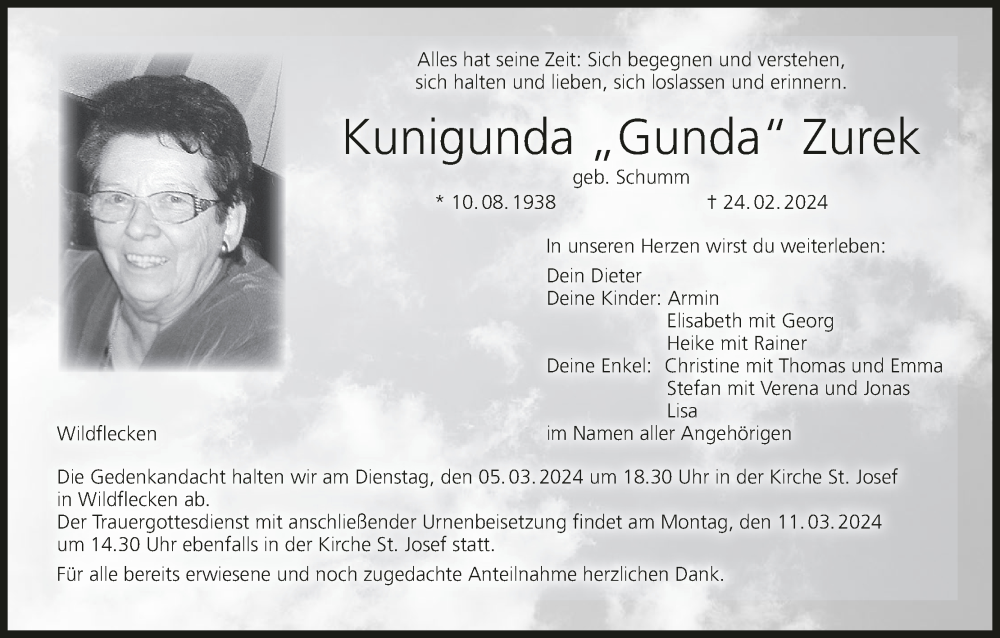  Traueranzeige für Kunigunda Zurek vom 01.03.2024 aus MGO