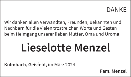 Anzeige von Lieselotte Menzel von MGO