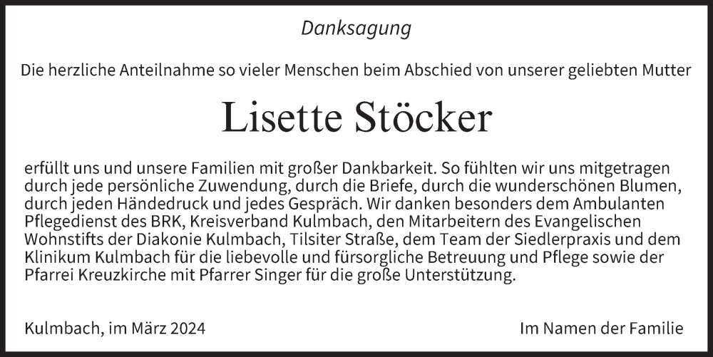 Traueranzeige für Lisette Stöcker vom 16.03.2024 aus MGO