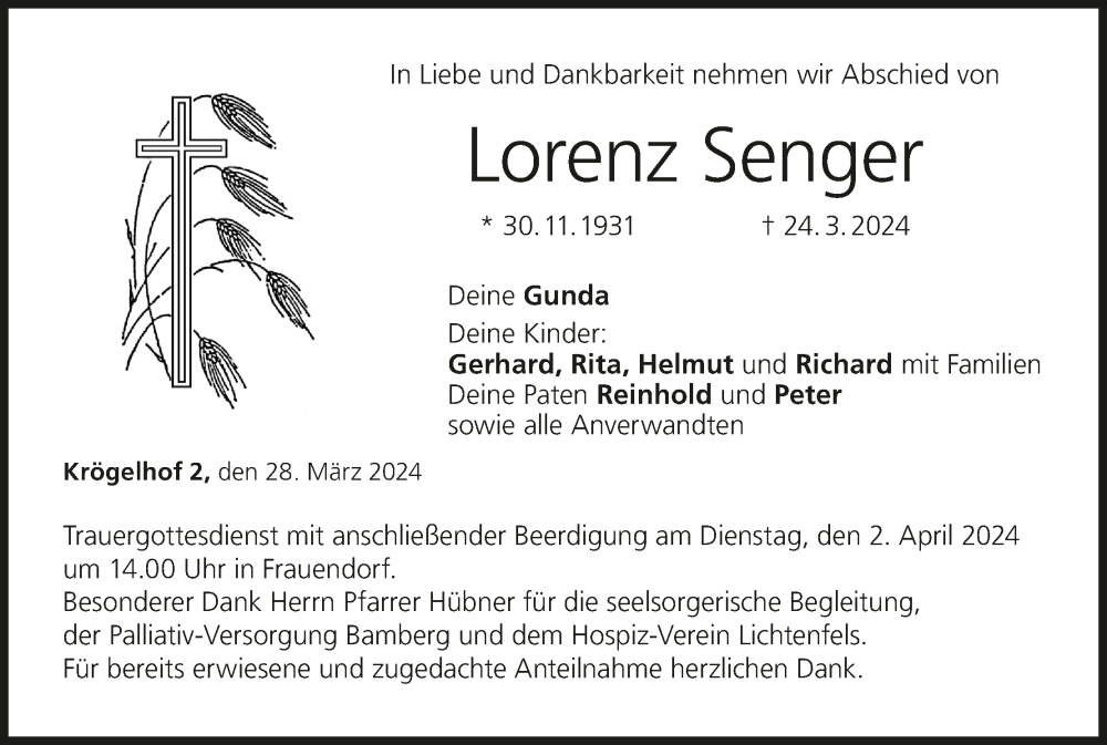  Traueranzeige für Lorenz Senger vom 28.03.2024 aus MGO