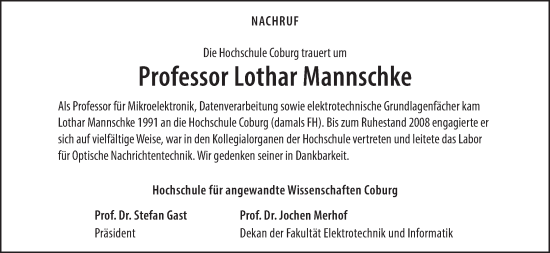 Anzeige von Lothar Mannschke von MGO