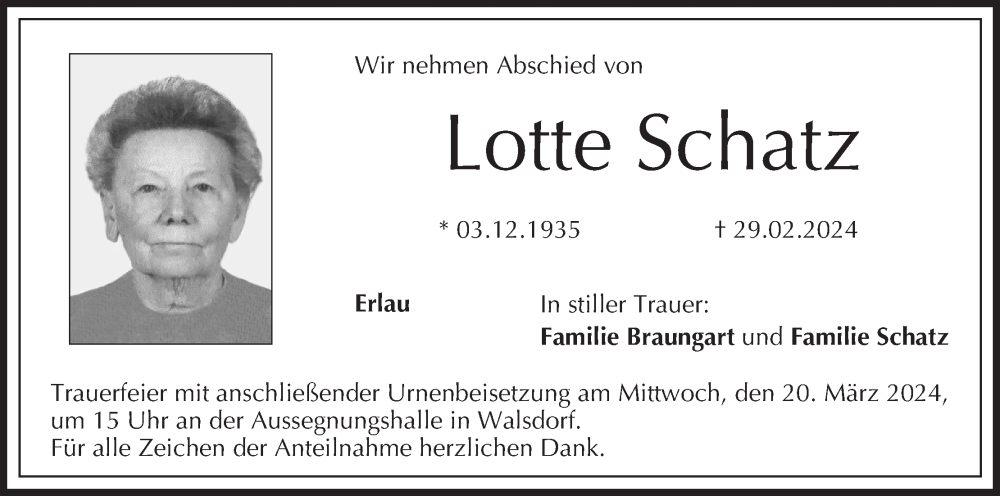  Traueranzeige für Lotte Schatz vom 09.03.2024 aus MGO