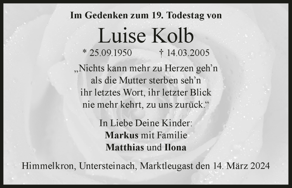  Traueranzeige für Luise Kolb vom 14.03.2024 aus MGO