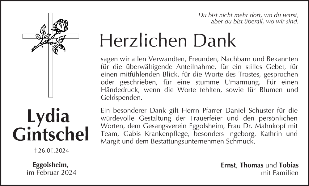  Traueranzeige für Lydia Gintschel vom 16.03.2024 aus MGO