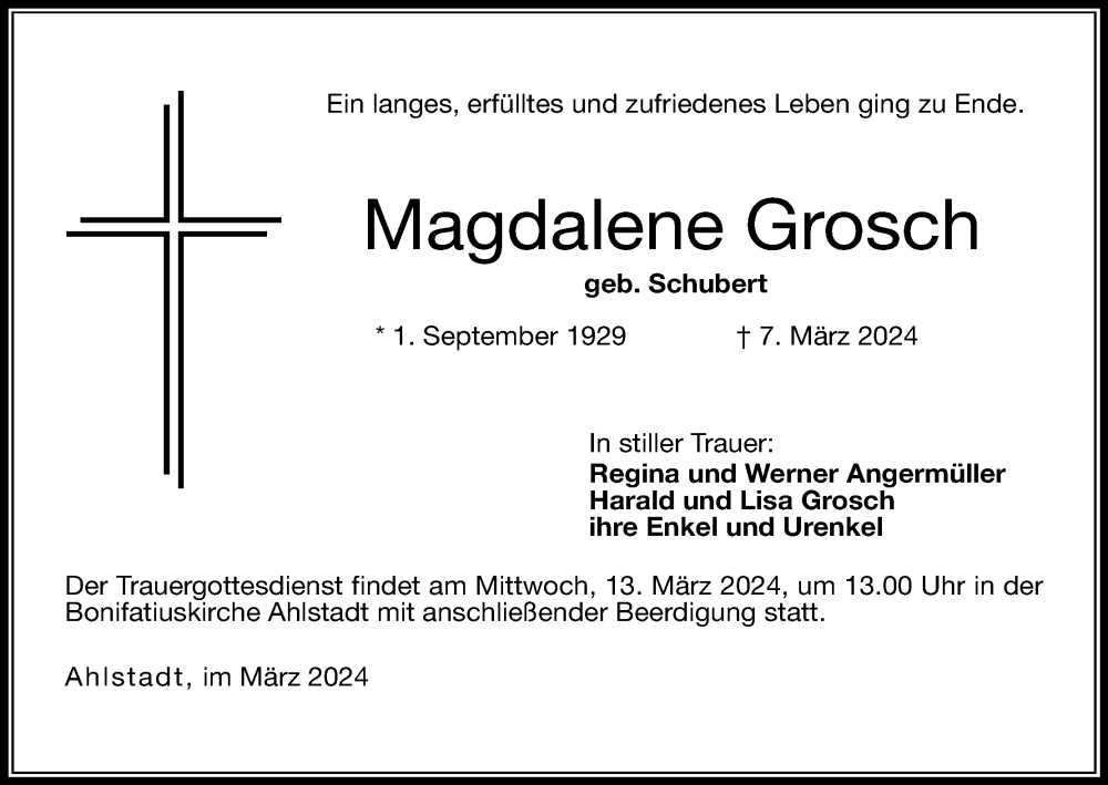  Traueranzeige für Magdalene Grosch vom 09.03.2024 aus MGO