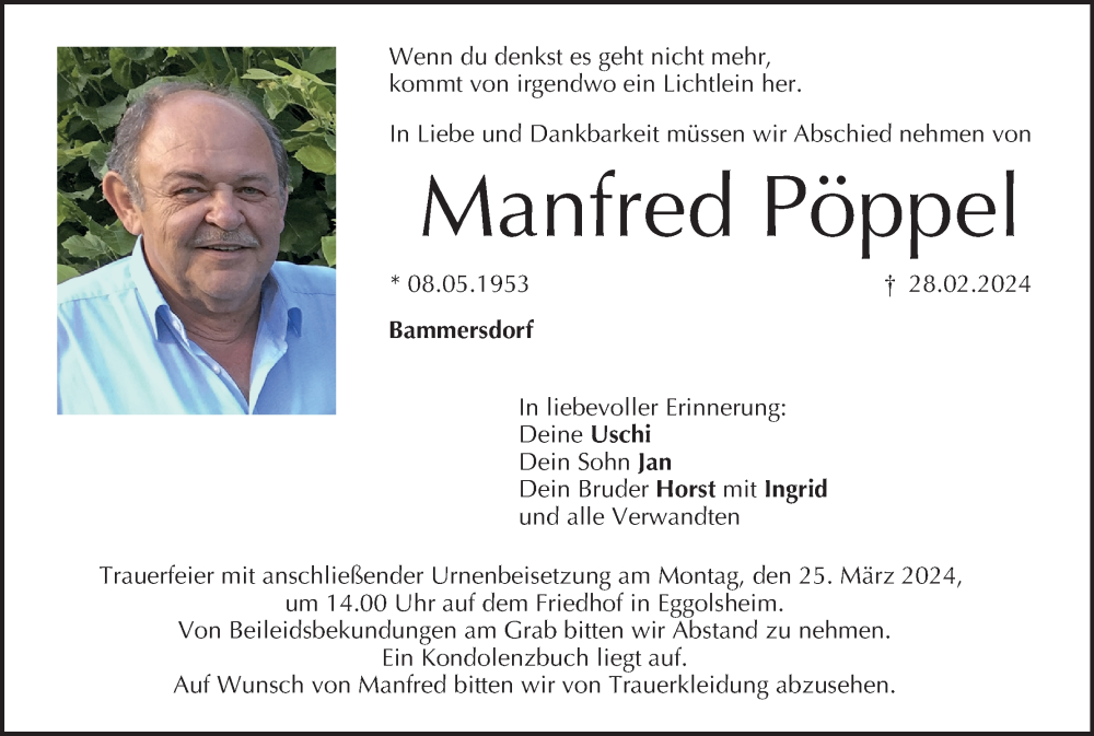  Traueranzeige für Manfred Pöppel vom 23.03.2024 aus MGO