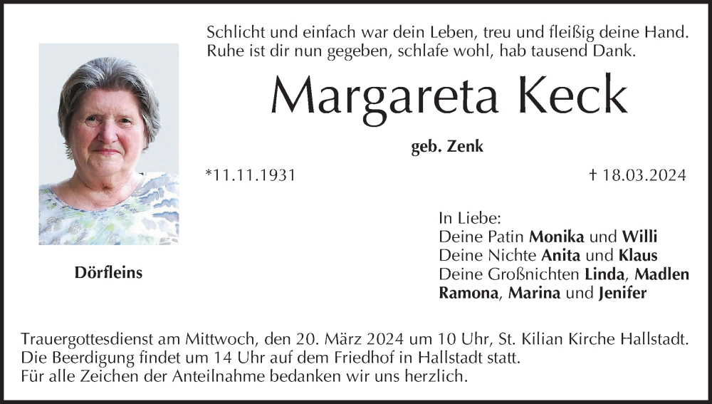 Traueranzeige für Margareta Keck vom 19.03.2024 aus MGO