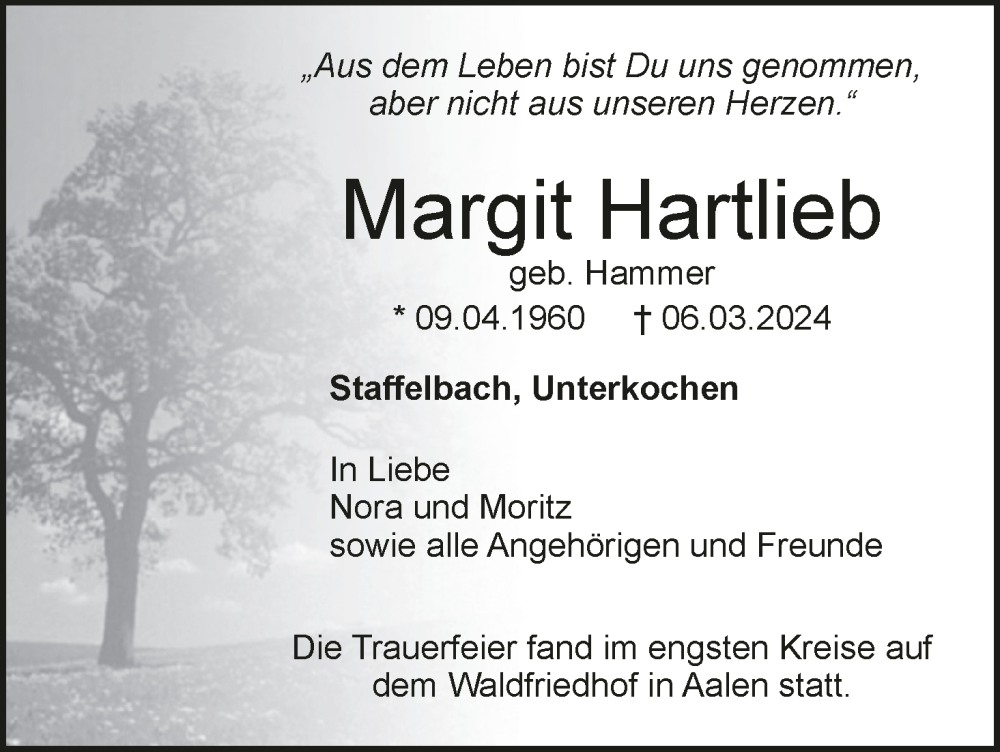 Traueranzeige für Margit Hartlieb vom 23.03.2024 aus MGO