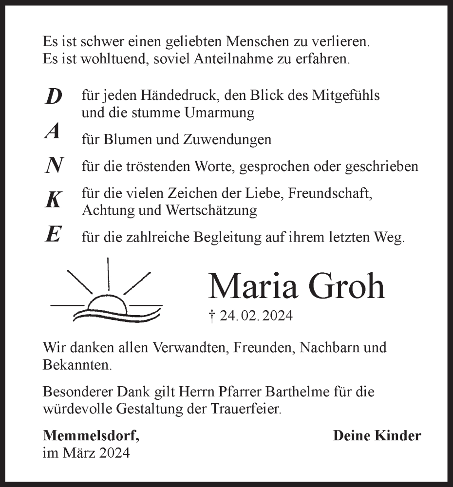  Traueranzeige für Maria Groh vom 23.03.2024 aus MGO