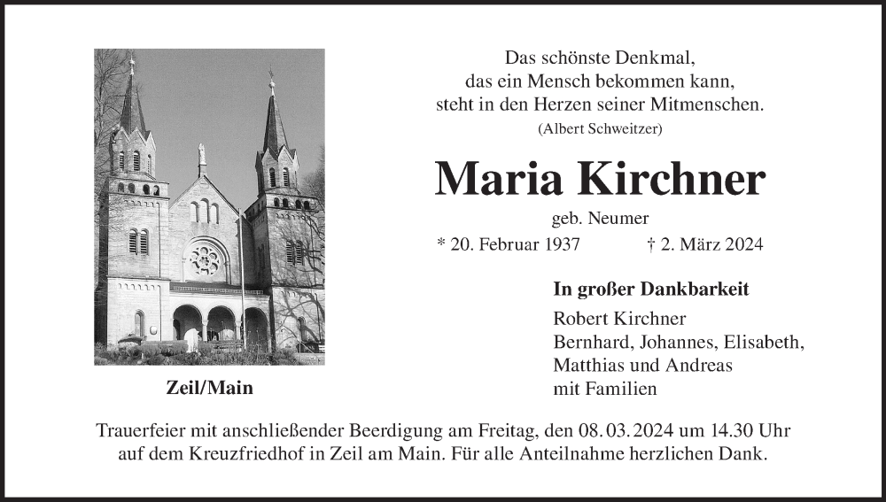  Traueranzeige für Maria Kirchner vom 06.03.2024 aus MGO