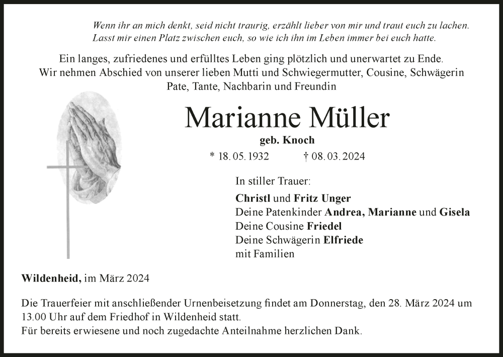  Traueranzeige für Marianne Müller vom 23.03.2024 aus MGO