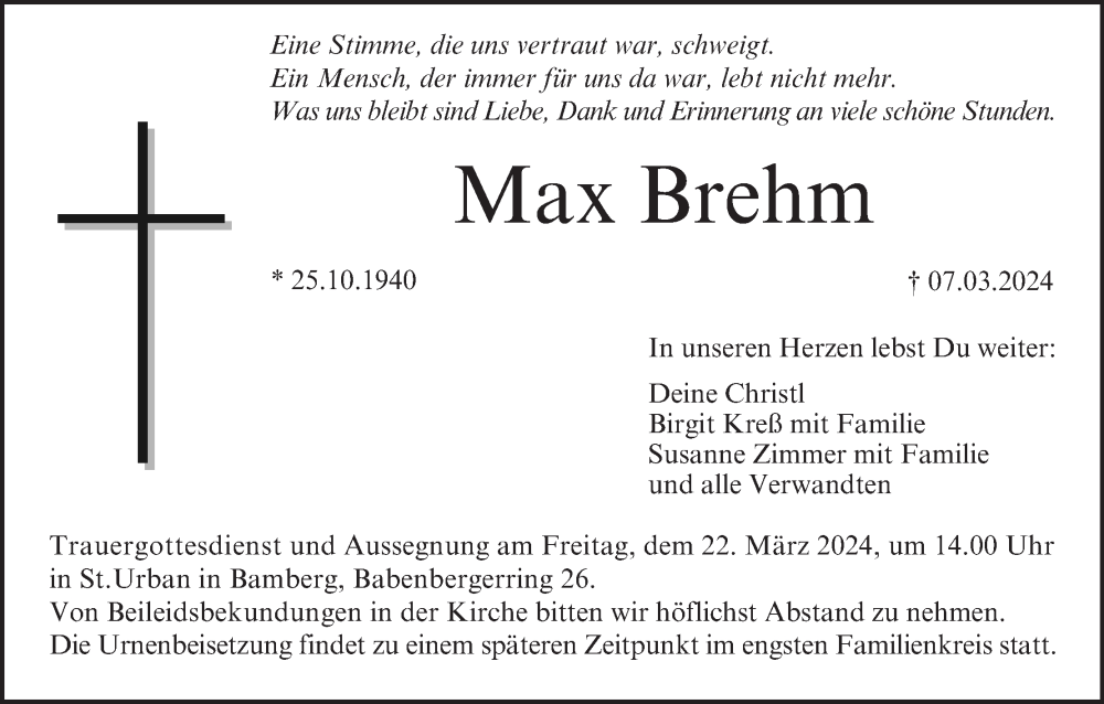  Traueranzeige für Max Brehm vom 16.03.2024 aus MGO