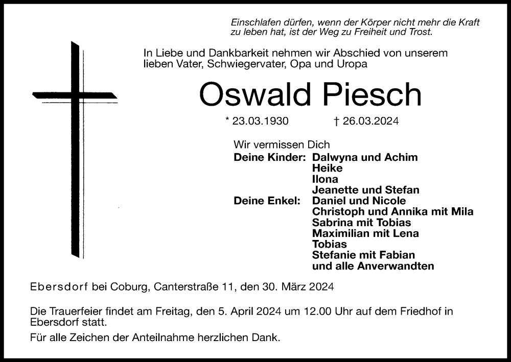  Traueranzeige für Oswald Piesch vom 30.03.2024 aus MGO