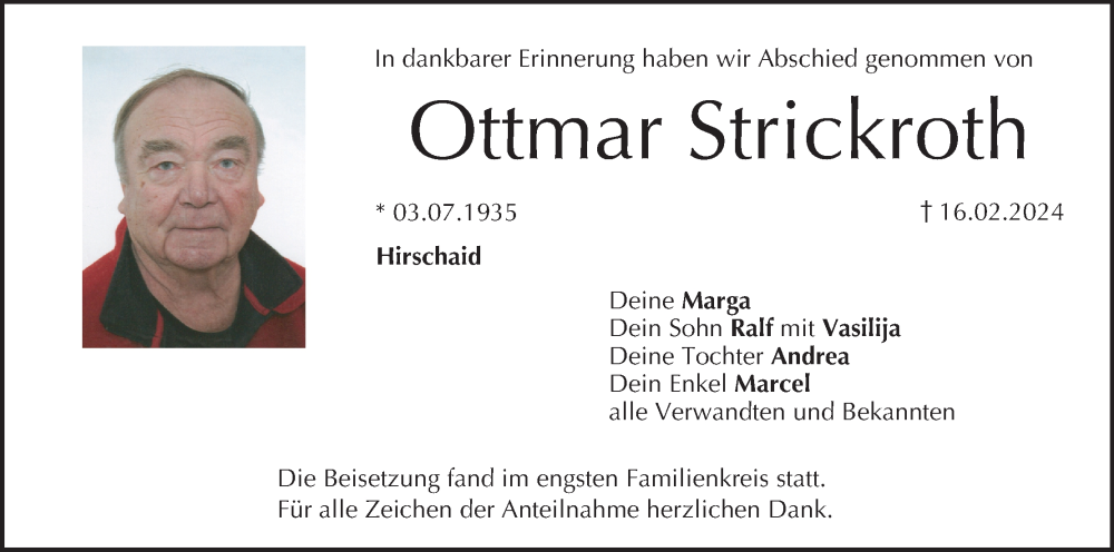  Traueranzeige für Ottmar Strickroth vom 09.03.2024 aus MGO