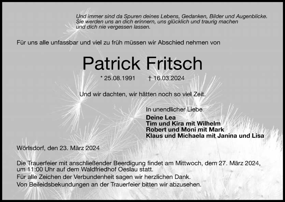  Traueranzeige für Patrick Fritsch vom 23.03.2024 aus MGO
