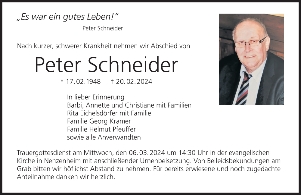  Traueranzeige für Peter Schneider vom 02.03.2024 aus MGO