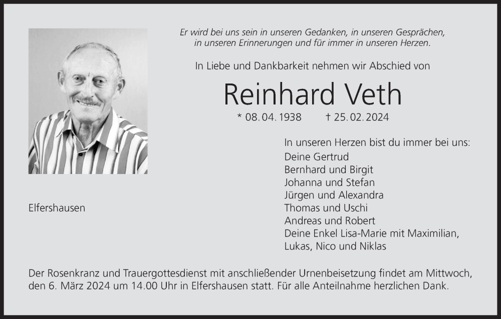  Traueranzeige für Reinhard Veth vom 02.03.2024 aus MGO