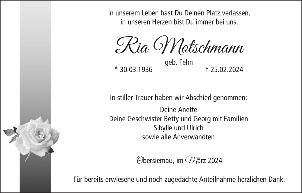  Traueranzeige für Ria Motschmann vom 13.03.2024 aus MGO