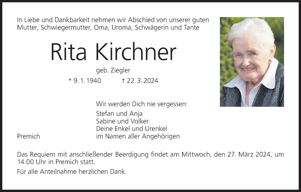  Traueranzeige für Rita Kirchner vom 23.03.2024 aus MGO