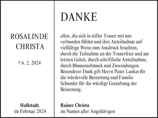 Anzeige von Rosalinde Christa von MGO