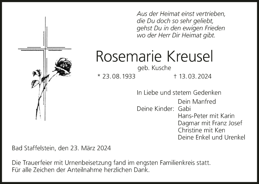  Traueranzeige für Rosemarie Kreusel vom 23.03.2024 aus MGO