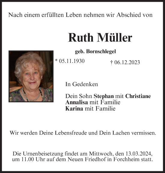 Anzeige von Ruth Müller von MGO