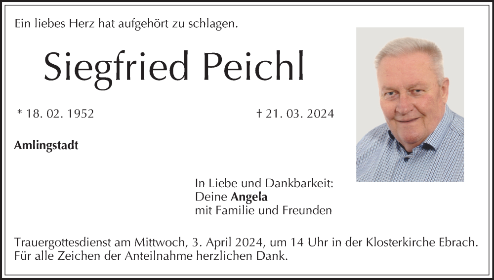  Traueranzeige für Siegfried Peichl vom 30.03.2024 aus MGO