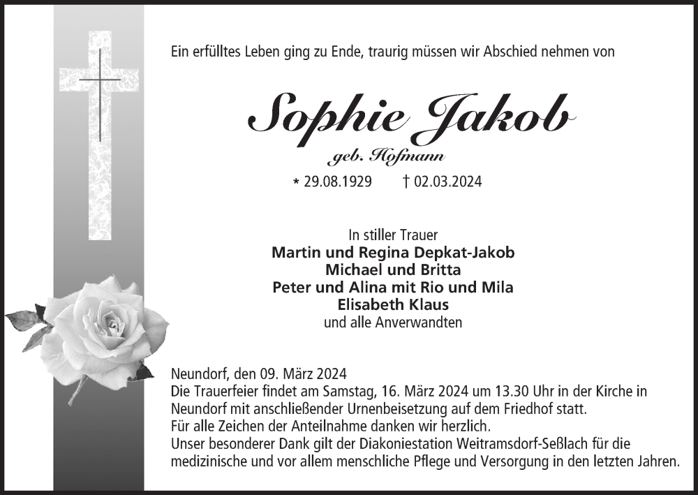 Traueranzeige für Sophie Jakob vom 09.03.2024 aus MGO