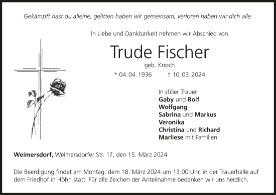 Anzeige von Trude Fischer von MGO