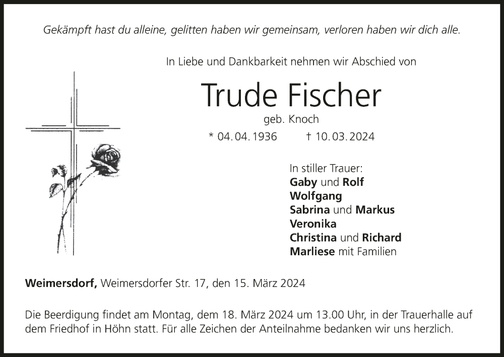  Traueranzeige für Trude Fischer vom 15.03.2024 aus MGO