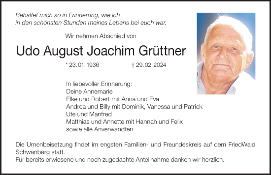 Anzeige von Udo August Joachim  Grüttner von MGO