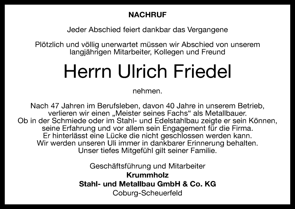  Traueranzeige für Ulrich Friedel vom 09.03.2024 aus MGO
